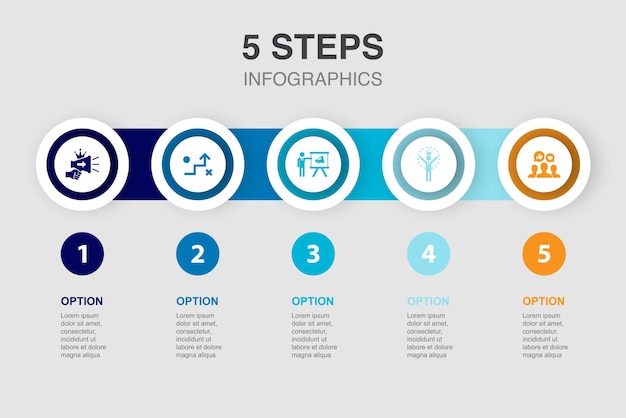 Estrategia de promoción de marca marketing marca personal iconos de compromiso de marca Plantilla de diseño de diseño infográfico Concepto de presentación creativa con 5 pasos