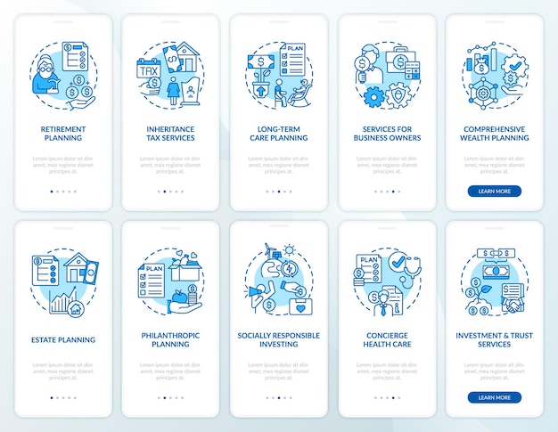 Estrategia de prosperidad incorporando la pantalla de la página de la aplicación móvil con el conjunto de conceptos. Tutorial de operaciones financieras Instrucciones gráficas de 5 pasos.