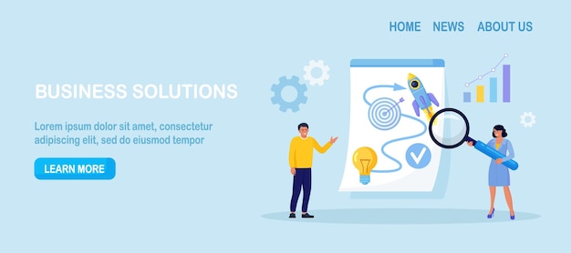 Estrategia de solución empresarial Empresarios que planifican probar ideas de inicio y analizar datos de marketing Éxito idea de negocio innovación o invención para alcanzar el objetivo Emprendedores inician nuevos negocios
