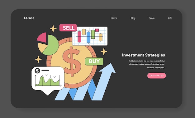 Vector estrategias de inversión concepto análisis de mercado y decisiones comerciales con gráficos de pastel y candelabros