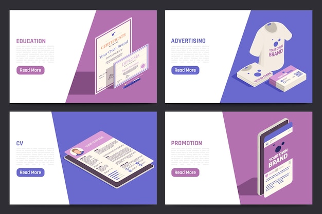 Estrategias de marca de autopromoción 4 pantallas de tabletas isométricas con cv creativo nombre de producto publicidad educación marketing ilustración vectorial