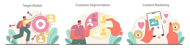 Vector las estrategias de marketing establecen escenarios visuales de segmentación de objetivos y participación en el ámbito digital