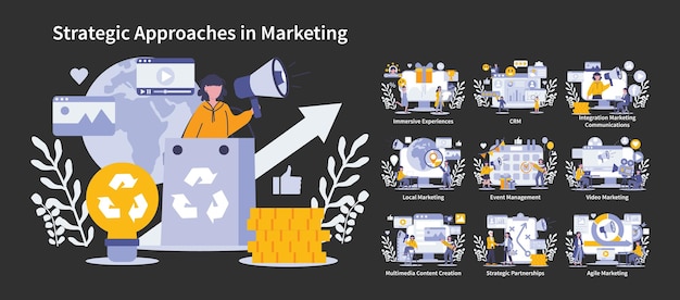 Vector estrategias de marketing de la noche o el modo oscuro establecen diversas tácticas de marketing digital y compromiso en línea