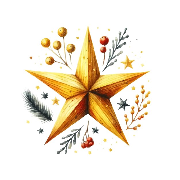 Estrella de acuarela con ramas, bayas y hojas Ilustración dibujada a mano.