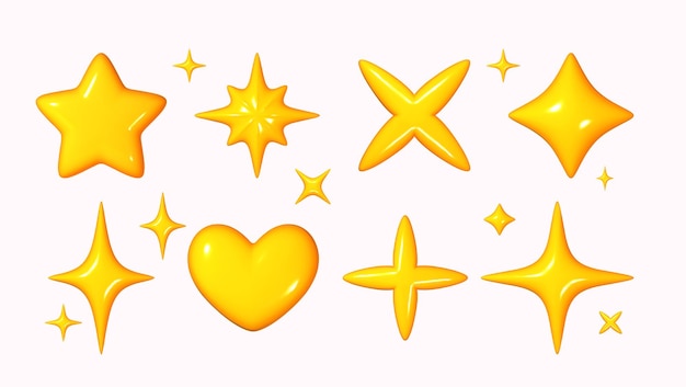 La estrella amarilla y el icono del corazón en estilo de dibujos animados 3D aislados sobre un fondo blanco