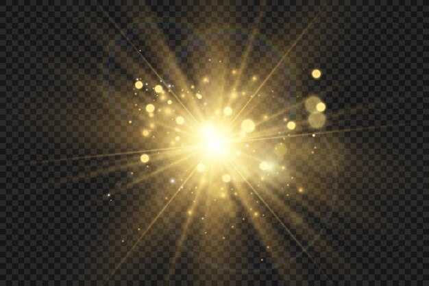 Estrella brillante, chispa, raya de luz y partícula reluciente en fondo transparente para superposiciones