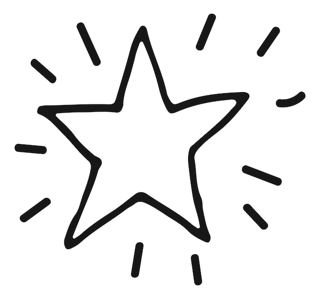 Estrella brillante en estilo de garabato de línea negra dibujada a mano aislada sobre fondo blanco