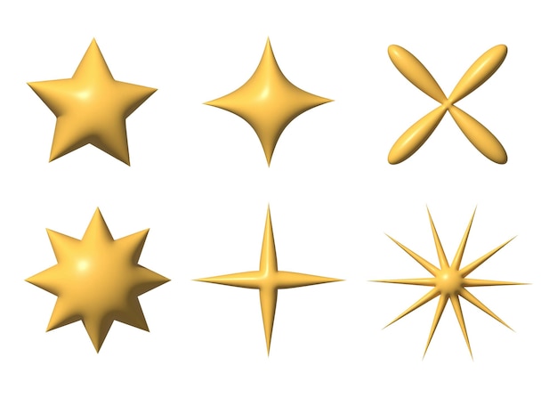 Estrella y brillo diferentes formas dibujos animados vectoriales 3D para el elemento y la ilustración