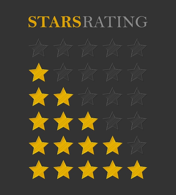 Estrella de calificación Estrellas de oro Símbolo de la mejor calidad de alto servicio victorias premios y logros Barra llena a la mitad Ilustración vectorial en estilo de dibujos animados sobre fondo negro