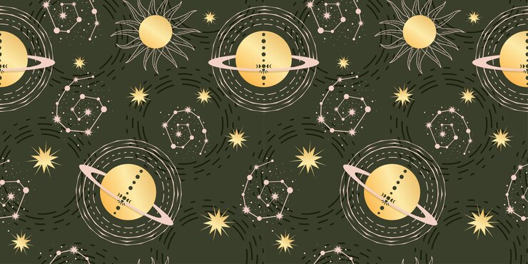 Vector estrella celestial de patrones sin fisuras con planeta y constelaciones astrología mágica en estilo boho vintage sol dorado con fases lunares y estrellas ilustración vectorial