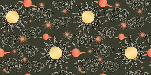 Estrella celestial de patrones sin fisuras con sol y constelaciones astrología mágica en estilo boho vintage sol dorado con nubes de rayos y planetas ilustración vectorial