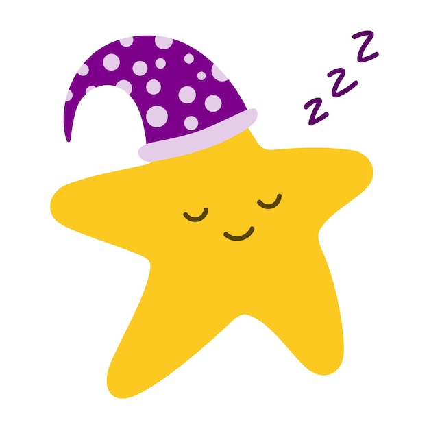 La estrella de dibujos animados duerme con un gorro de dormir tema de canción de cuna de buenas noches