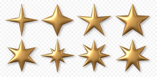Estrella dorada 3D Estrellas de Navidad de varias formas brillantes y brillantes Elemento de oro metálico 3D realista con sombras de gotas Conjunto aislado de estrellas trofeo vectorial
