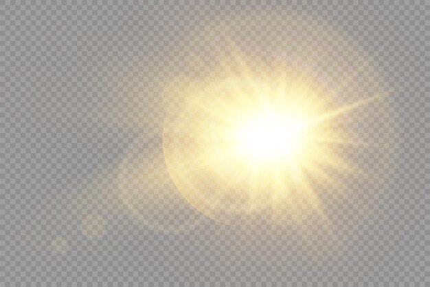 Estrella dorada brillante luz dorada brillante explosión de rayos de sol amarillos llamarada de luz solar con deslumbramiento bokeh