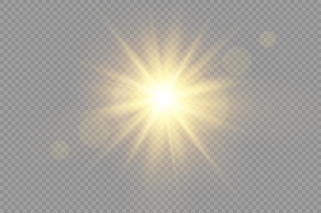Estrella dorada brillante luz dorada brillante explosión de rayos de sol amarillos llamarada de luz solar con deslumbramiento bokeh