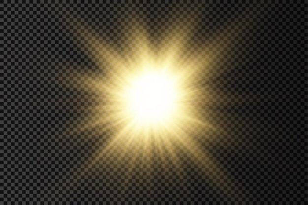 Estrella dorada brillante luz dorada brillante explosión de rayos de sol amarillos llamarada de luz solar con deslumbramiento bokeh