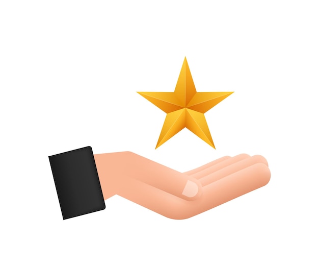 Estrella dorada metálica realista sobre patrón de mano sobre fondo blanco. Ilustración de stock vectorial.