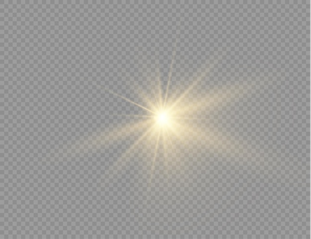 La estrella estalló con brillo, resplandor estrella brillante, explosión de luz amarilla brillante sobre un fondo transparente, rayos de sol amarillo, efecto de luz dorada, destello de sol con rayos, ilustración vectorial, eps 10