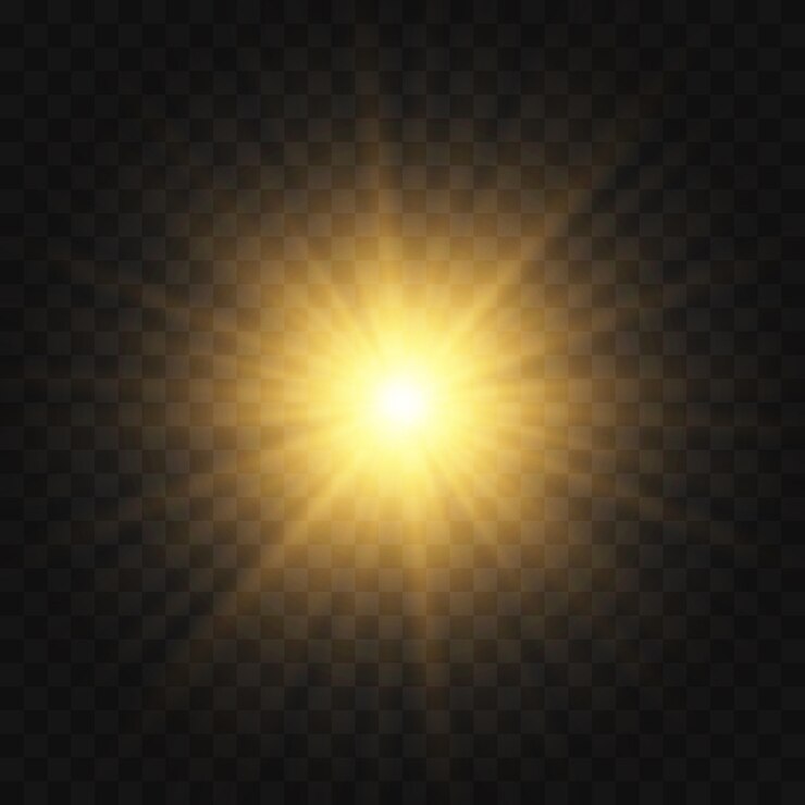 La estrella estalló con destellos. Conjunto de luz amarilla brillante explota sobre un fondo transparente Brillantes partículas de polvo mágico. Brillo dorado estrella brillante. Sol brillante transparente, destello brillante
