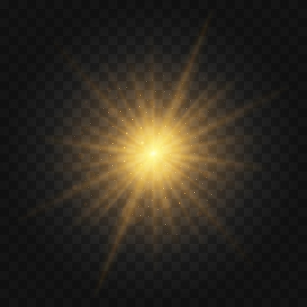 La estrella estalló con destellos. Conjunto de luz amarilla brillante explota sobre un fondo transparente Brillantes partículas de polvo mágico. Brillo dorado estrella brillante. Sol brillante transparente, destello brillante