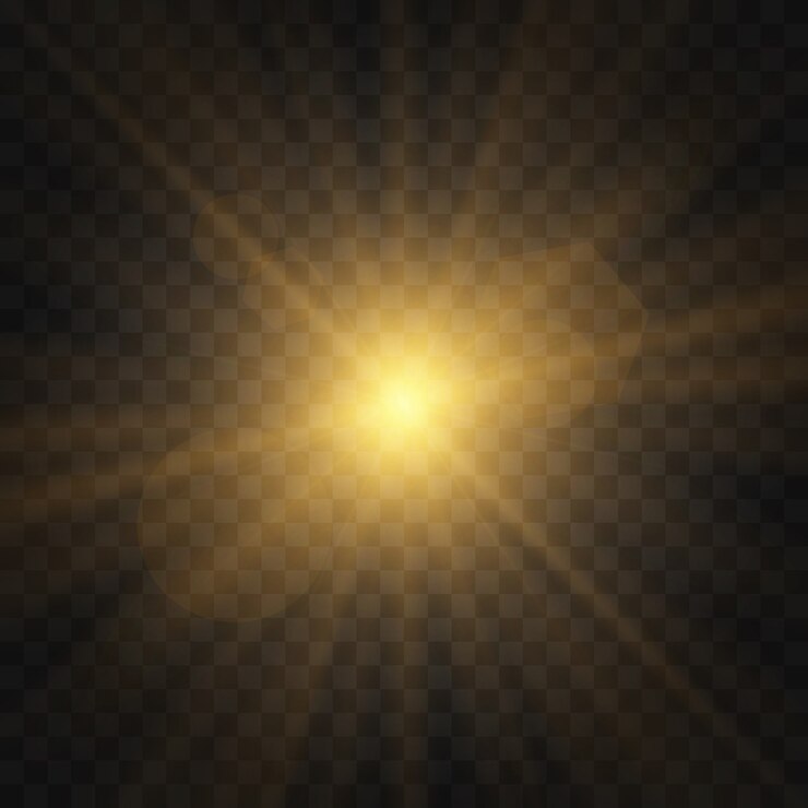 La estrella estalló con destellos. Conjunto de luz amarilla brillante explota sobre un fondo transparente Brillantes partículas de polvo mágico. Brillo dorado estrella brillante. Sol brillante transparente, destello brillante
