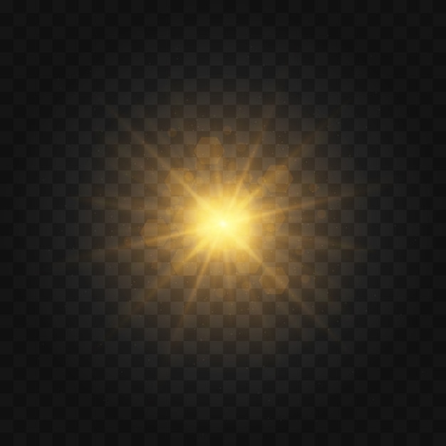 La estrella estalló con destellos. Conjunto de luz amarilla brillante explota sobre un fondo transparente Brillantes partículas de polvo mágico. Brillo dorado estrella brillante. Sol brillante transparente, destello brillante