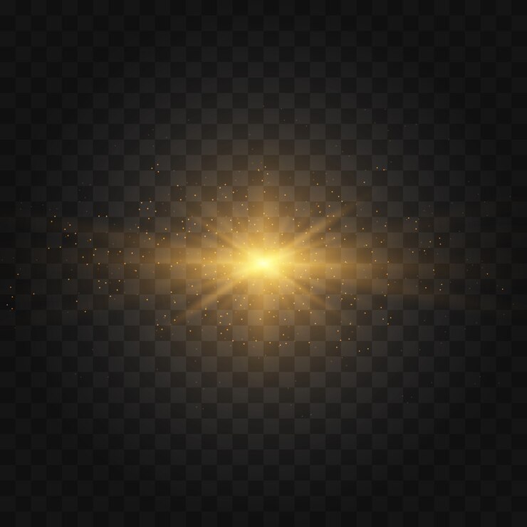 La estrella estalló con destellos. Conjunto de luz amarilla brillante explota sobre un fondo transparente Brillantes partículas de polvo mágico. Brillo dorado estrella brillante. Sol brillante transparente, destello brillante