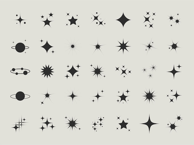 Estrella estrellas modernas. Colección de iconos de estrellas brillantes. Símbolo de estrellas centelleantes en diseño negro. Vector