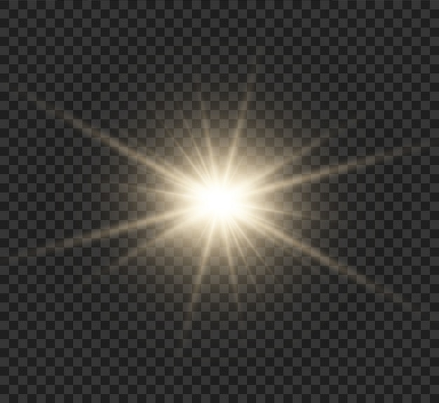 La estrella explota en destellos brillantes sobre un fondo transparente. Lucero. Sol brillante transparente, destello brillante.
