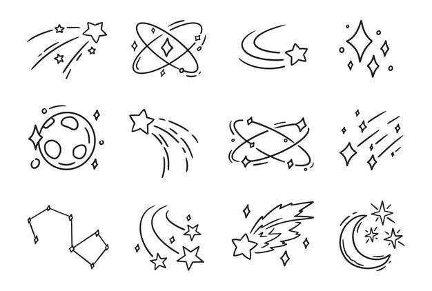 Estrella fugaz y línea de arte de galaxia dibujado a mano ilustración vectorial