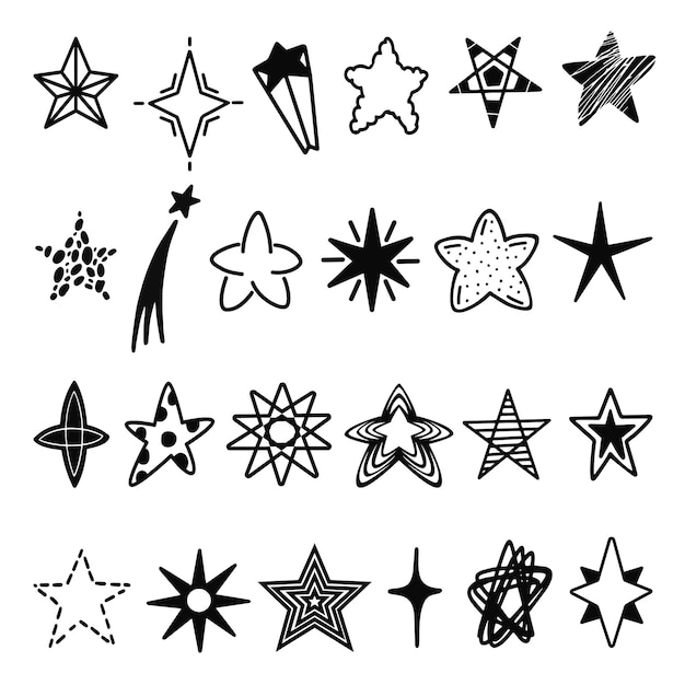 Estrella de garabato negro Estrellas de boceto para la mejor calificación Decoración de Navidad dibujada a mano aislada Tinta incompleta o marcador decorativo neotérico cielo vector clipart Ilustración de estrella negra forma aislada