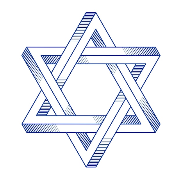 estrella hexagonal judía geometría sagrada símbolo religioso creado a partir de triángulos bidimensionales formas imposibles logotipo vectorial o elemento de diseño del emblema