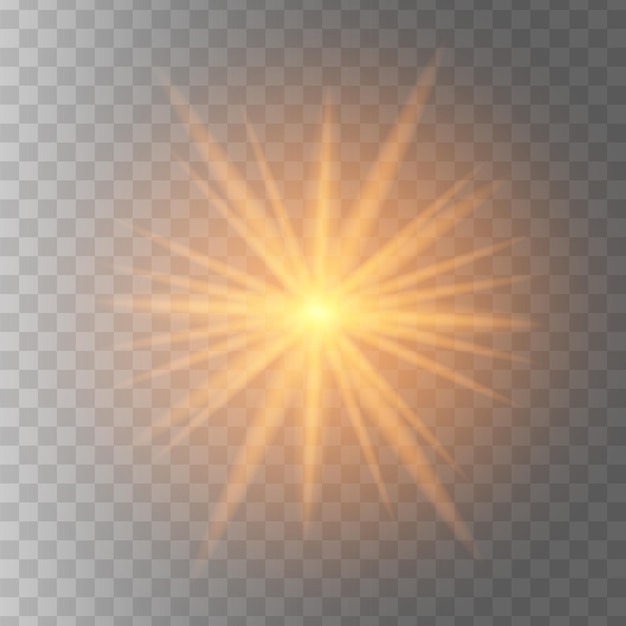 La estrella de luz brillante dorada, la estrella del sol brillante transparente, explota y el estallido brillante de destello brillante