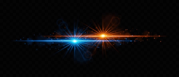 Estrella de luz doble naranja y azul vibrante con partículas en un fondo oscuro perfecta para imágenes futuristas