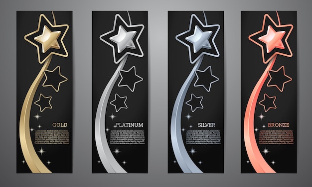 Vector estrella metálica y cinta en tarjeta negra oro platino plata bronce ilustración vectorial