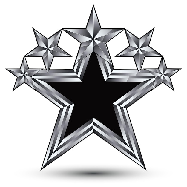 Estrella negra real con contorno plateado, cinco estrellas plateadas estilizadas geométricas, mejor para usar en diseño web y gráfico, icono vectorial conceptual de lujo 3d aislado en fondo blanco. Escudo simbólico.