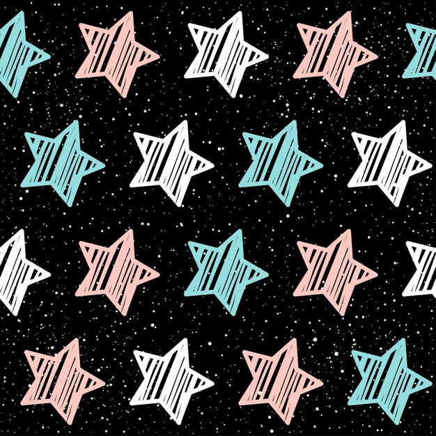 Estrella pastel sobre fondo negro transparente. Estrella rosa, blanca y azul. Patrón abstracto para tarjeta, papel tapiz, álbum, álbum de recortes, papel de regalo de vacaciones, tela textil, ropa, diseño de camiseta, etc.