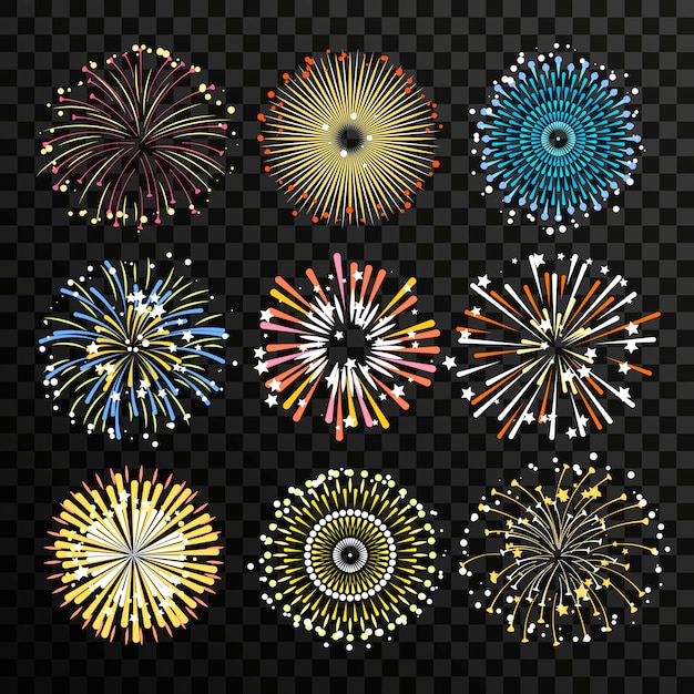 Estrella ráfaga aislada en el fondo transparente. Conjunto de vectores de grandes fuegos artificiales