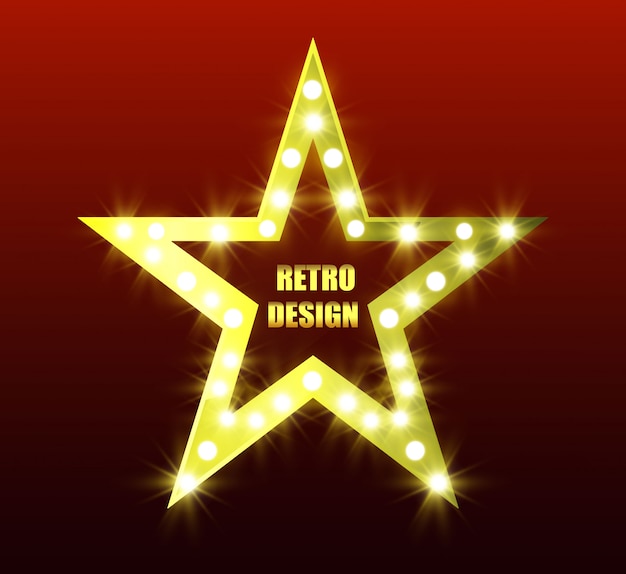 Estrella retro. Estrella brillante de cinco puntas. Estrella dorada. Estrella con linternas.
