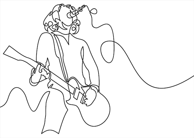 estrella de rock cantando con guitara y micorphonedibujo de línea continua