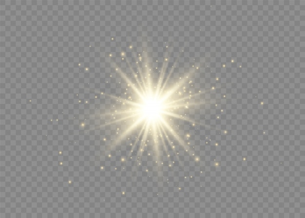 Estrella sobre fondo transparente. El sol brillante transparente, destello brillante. Brillantes partículas de polvo mágico. Lucero. La luz amarilla brillante explota sobre un fondo transparente.