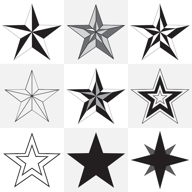 Estrellas 3D Paquete de estrellas Conjunto de iconos de estrellas Vector de estrellas en blanco y negro Estrellas centelleantes Destellos