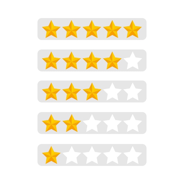 estrellas amarillas vectoriales del sistema de calificación sobre un fondo blanco diseño de material de neumorfismo abstracto conjunto de estrellas de logros escala de clasificación Revisión de calificación de productos del cliente Ilustración vectorial