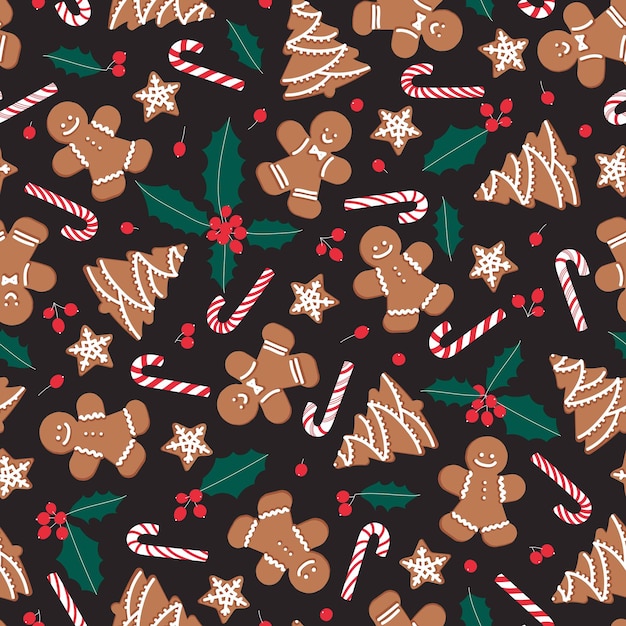 Estrellas de árboles de hombres de pan de jengibre con bastones de caramelo y hojas de acebo y bayas sobre fondo negro Patrón de vector transparente para el día de año nuevo Vacaciones de Navidad cocinar fondo de víspera de año nuevo