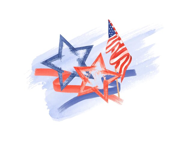 Estrellas bandas de bandera estadounidense en azul abstracto grunge blot Símbolos nacionales en colores rojo azul Diseño del Día de Conmemoración de los Estados Unidos Ilustración en acuarela para tarjetas de felicitación de póster de vacaciones