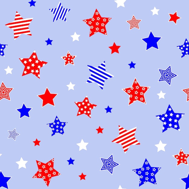 Estrellas blancas azules rojas sobre fondo azul claro Día de la Independencia 4 de julio colores Patrón sin costuras