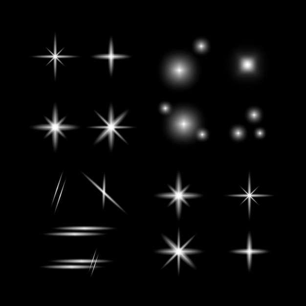 Estrellas blancas en negro luces brillantes brillantes vector de brillo abstracto elementos gráficos nocturnos