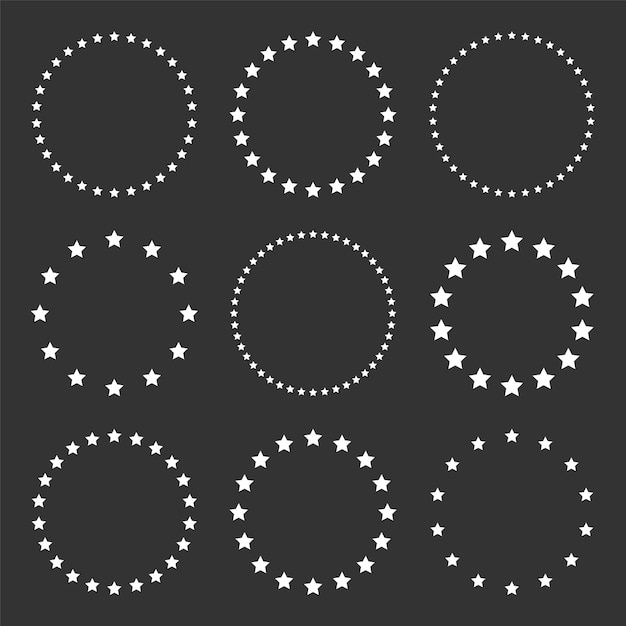 Estrellas blancas de varios tamaños dispuestas en un círculo Borde redondo del marco Estrella negra contorno símbolo simple Elemento de diseño Ornamento Arte de línea Ilustración vectorial