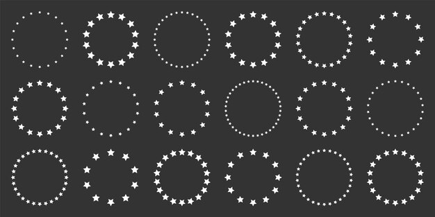 Estrellas blancas de varios tamaños dispuestas en un círculo Borde redondo del marco Estrella negra contorno símbolo simple Elemento de diseño Ornamento Arte de línea Ilustración vectorial