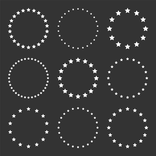 Estrellas blancas de varios tamaños dispuestas en un círculo Borde redondo del marco Estrella negra contorno símbolo simple Elemento de diseño Ornamento Arte de línea Ilustración vectorial